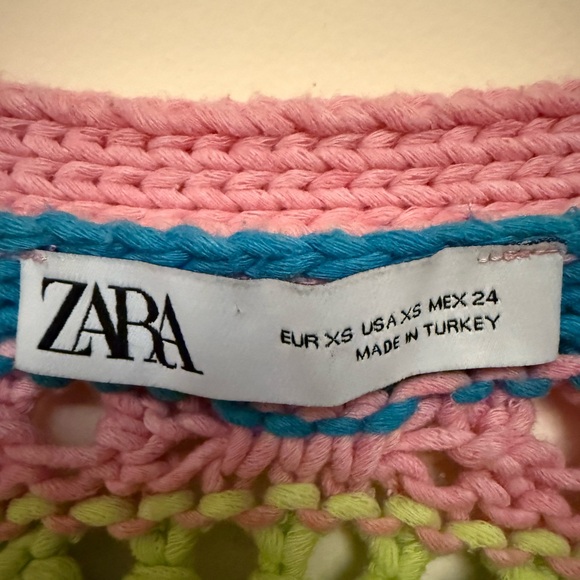 Zara Pink Blue Yellow Crochet Openwork Tie-Front V-Neck Sweater - Picture 2 of 2